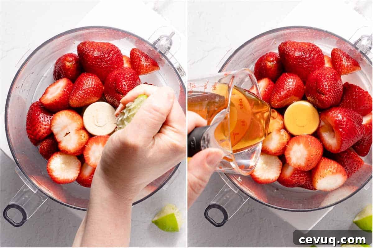 collage of lime juice and honey being added into food processor with strawberries