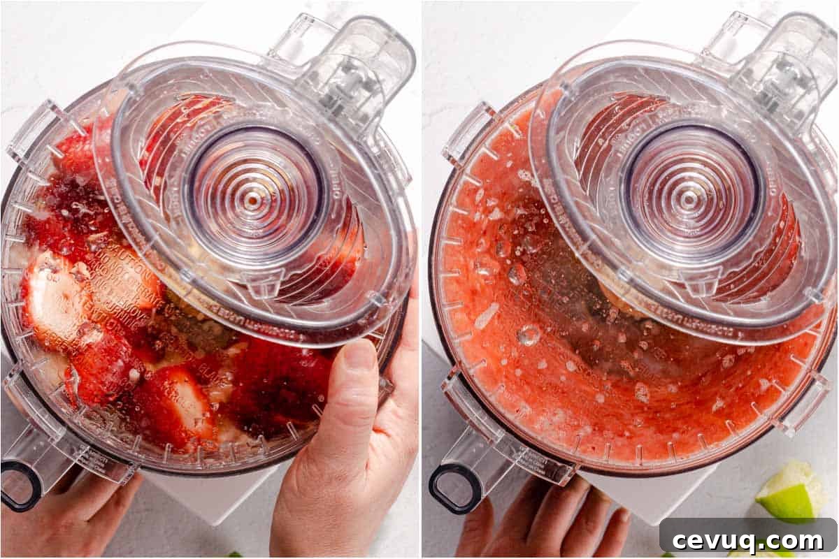 collage of strawberry mimosa juice being blended in food processor