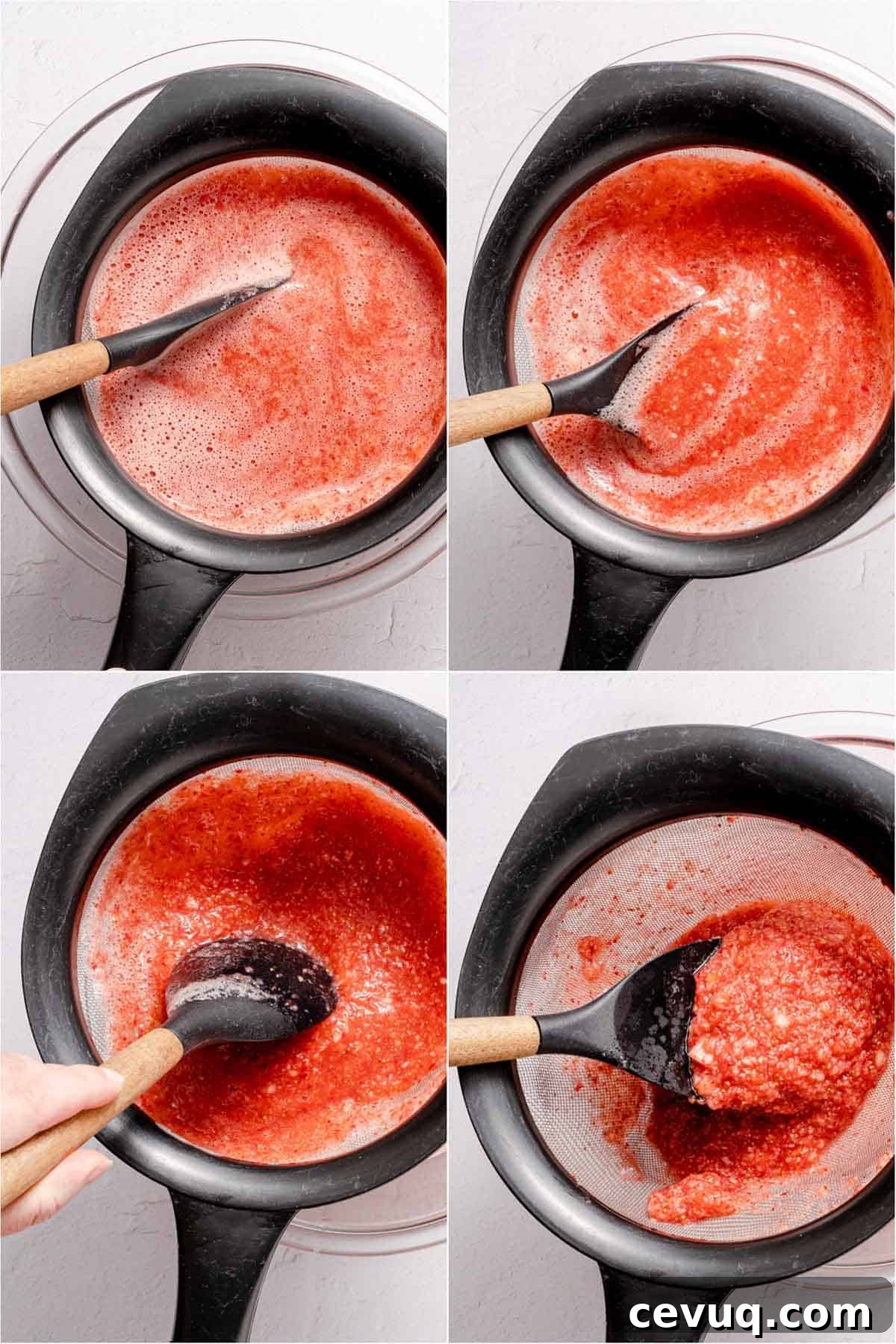 collage of strawberry juice being strained into bowl