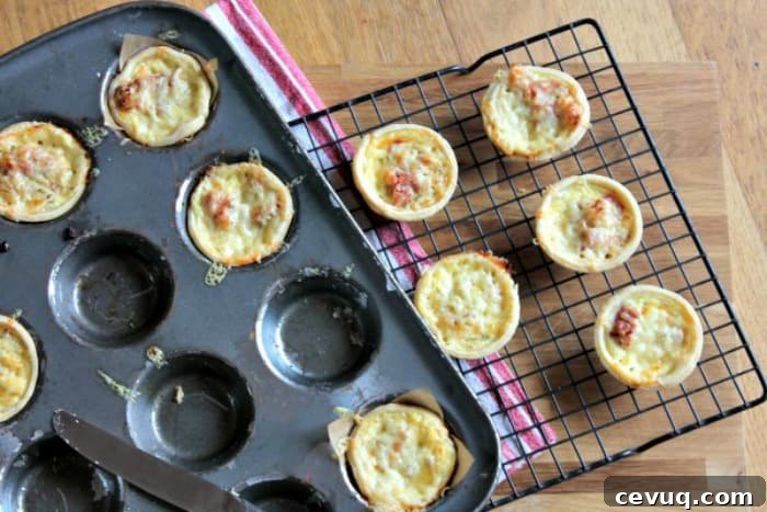 Mini ham and cheddar quiches.