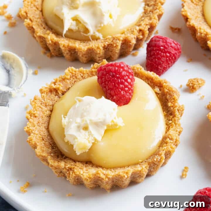 A lemon curd tartlet topped with raspberries and cream.