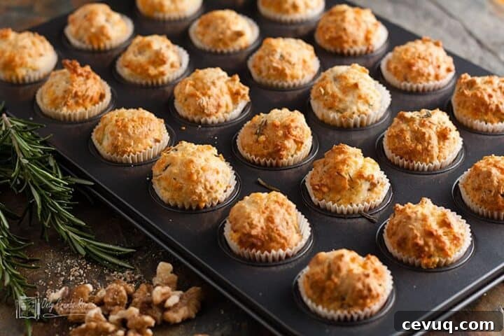 Cheesy walnut and rosemary mini muffins.