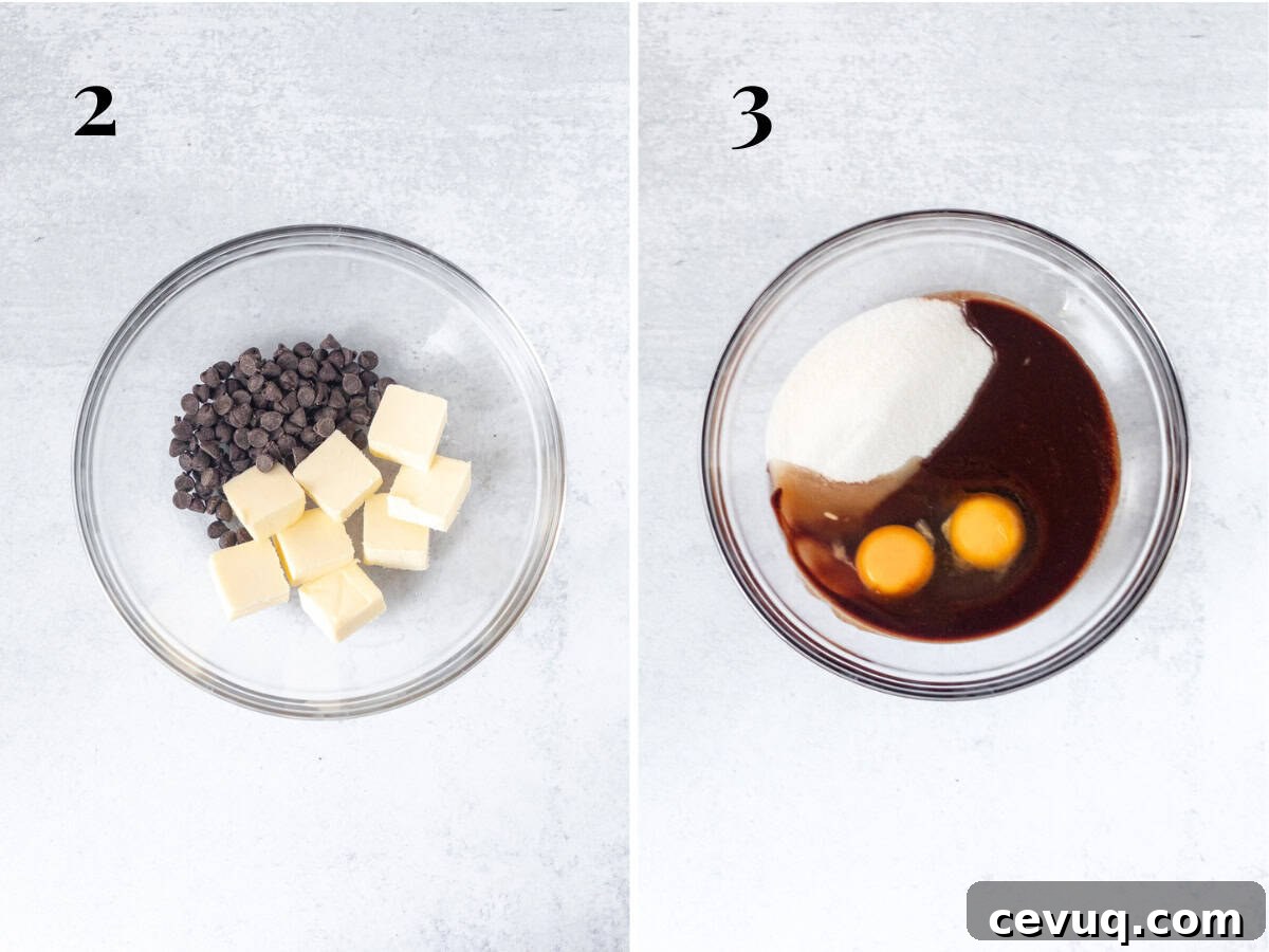 Cookie Dough Brownies Recipe: Fudgy Brownies with Edible Cookie Dough 5 Bowl of chocolate and butter, and bowl of melted chocolate and butter with sugar and eggs.