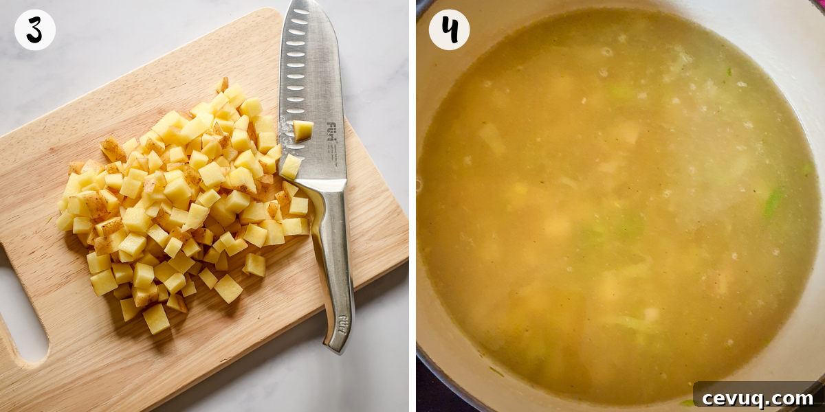 Dice potatoes and add to the pan