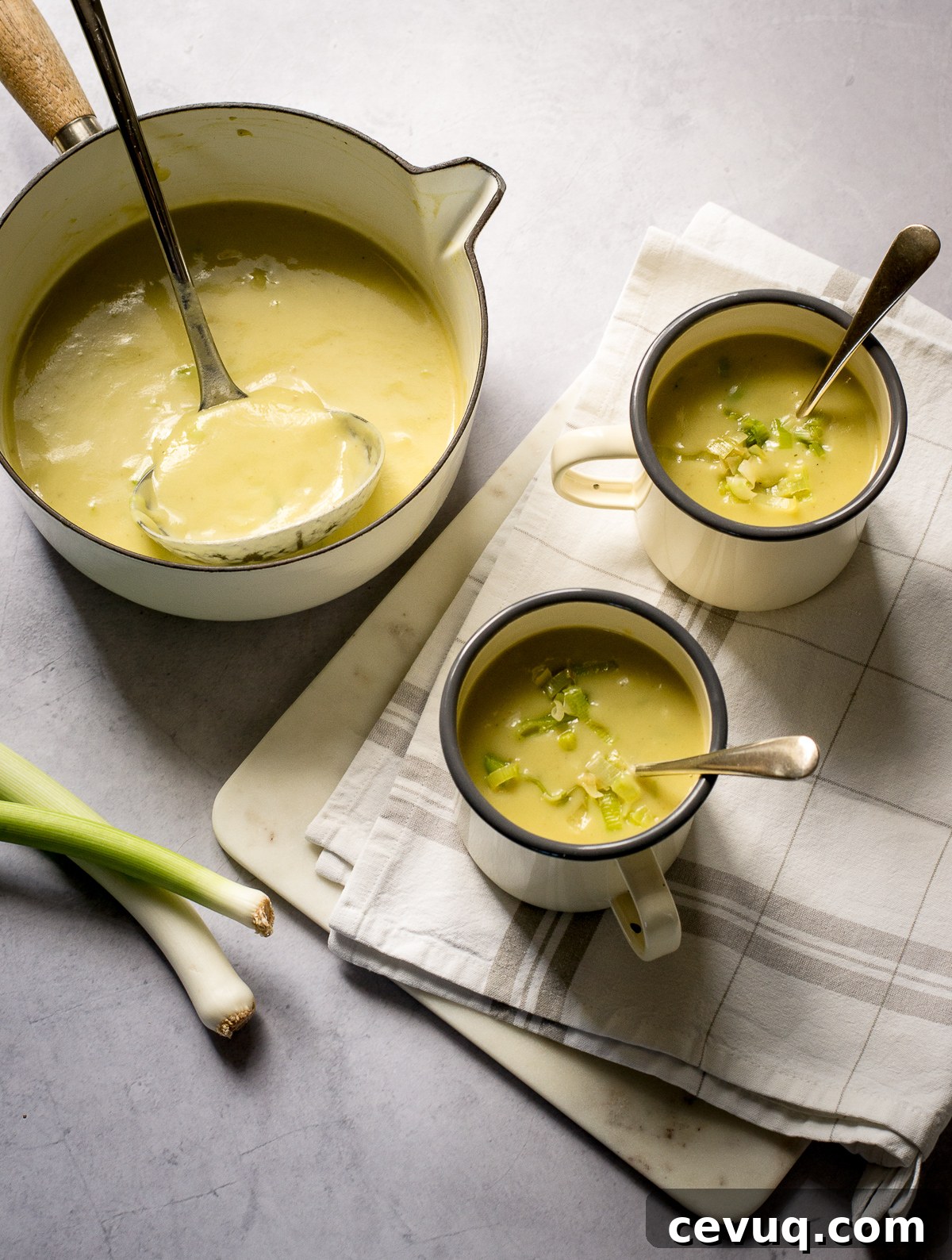Vegan Leek Soup with spoon served in a mug