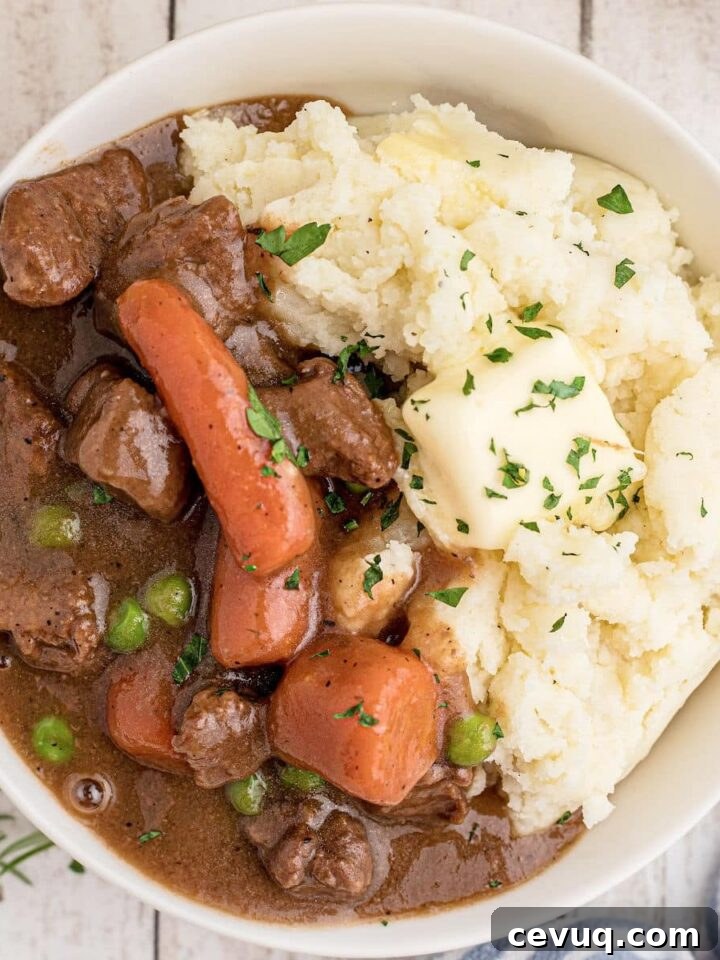 Overhead shot of a bowl full of Irish Stew with Mashed Potatoes, cropped square.