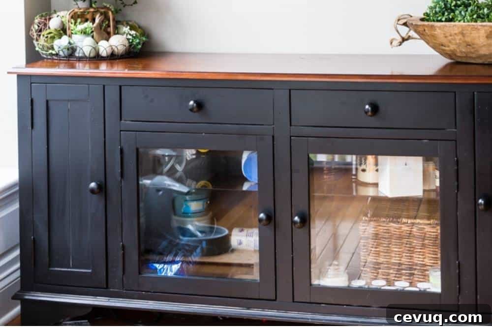 A media cabinet with two glass doors. Cat food, candle jars, and a basket are visible through the glass door fronts.