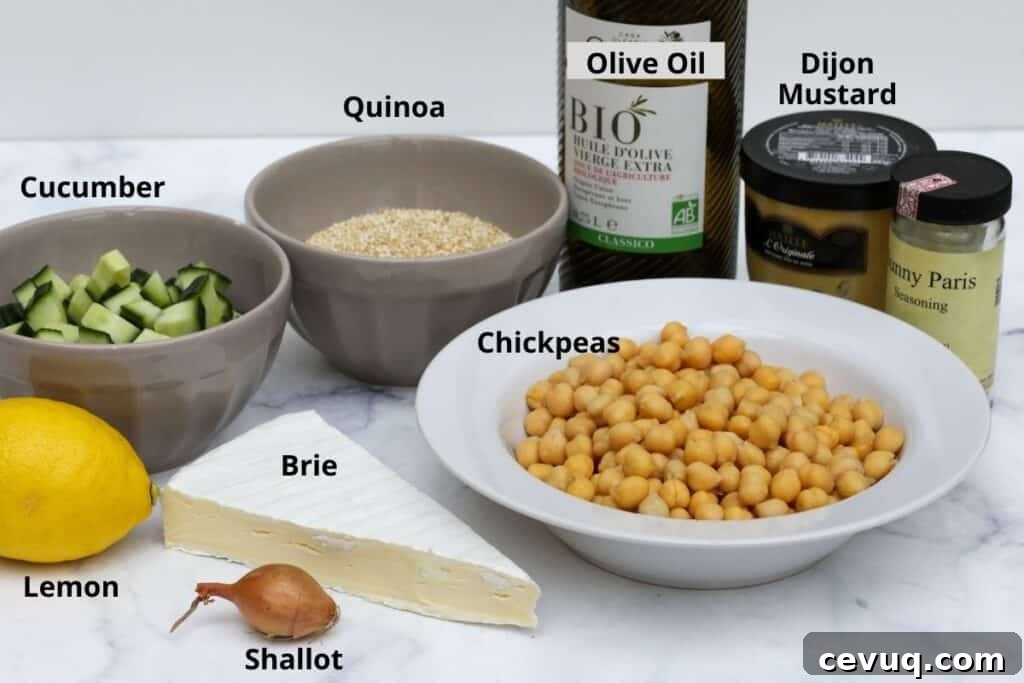 cucumber, lemon, shallot, brie, quinoa, chickpeas, olive oil, dijon mustard, and sunny Paris seasoning
