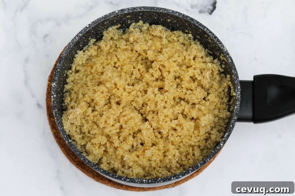 Cooked quinoa in small saucepan