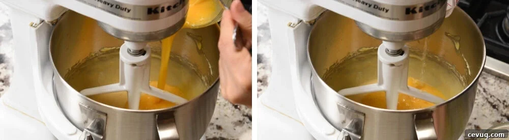 adding eggs and water to batter
