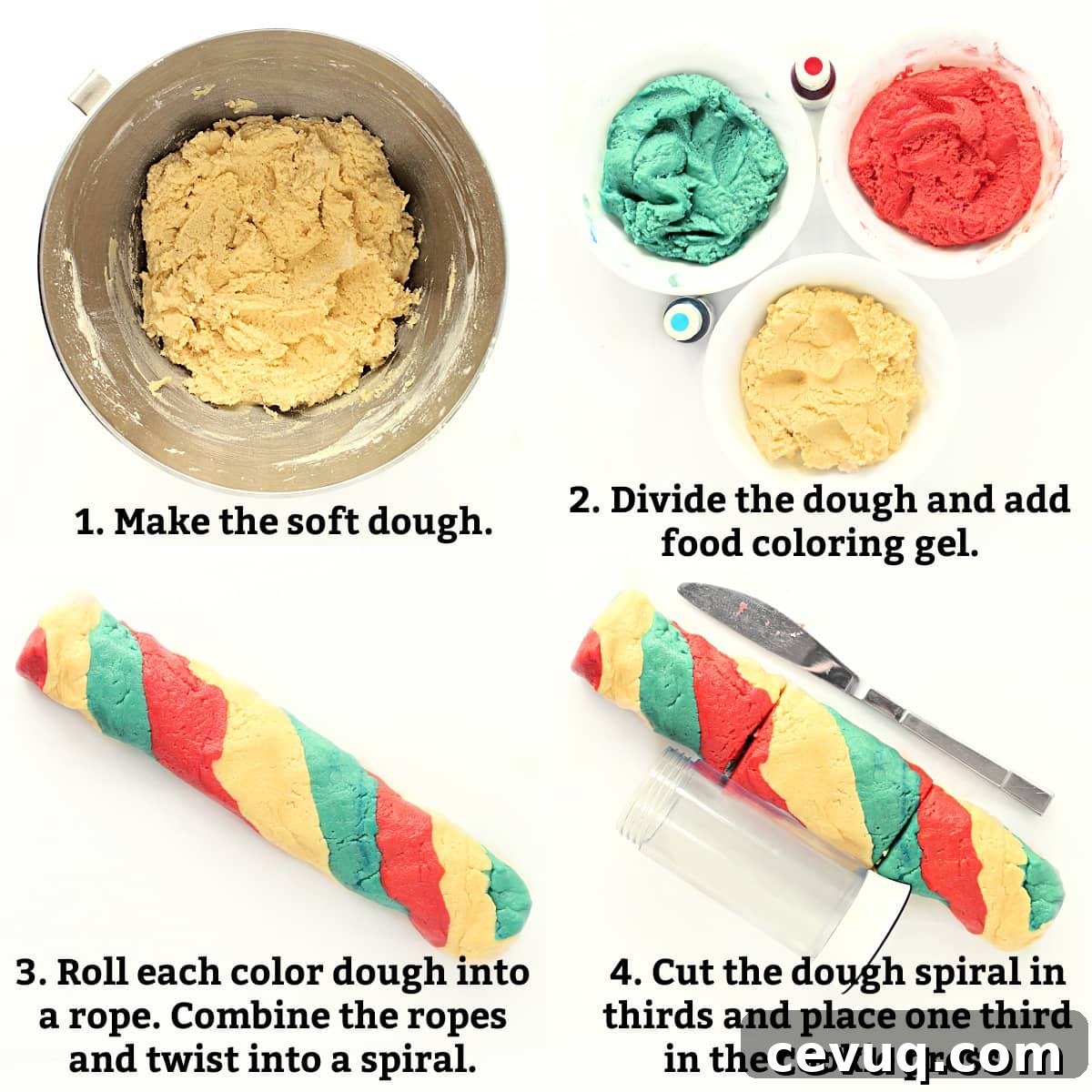 Classic Spritz Cookie Recipe Using Shortening for Crispy Shapes 4 Instructions labeled: make dough, add color, make dough log and twist, cut dough in thirds.