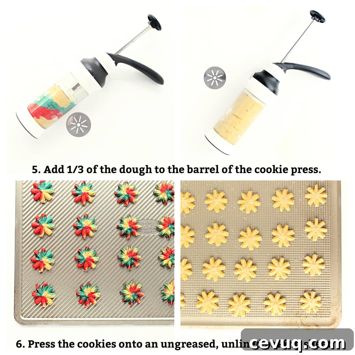 Classic Spritz Cookie Recipe Using Shortening for Crispy Shapes 5 Instructions labeled: add ⅓ dough to cookie press, press cookies onto ungreased baking sheet.