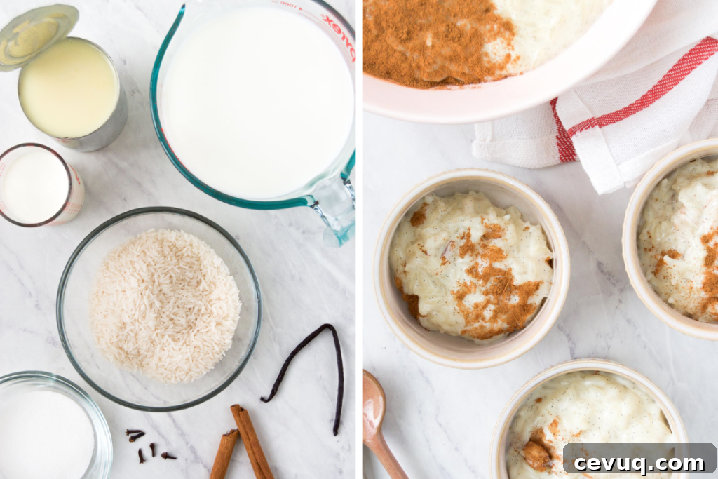 A collage showing rice pudding ingredients and three dishes of the final Brazilian dessert