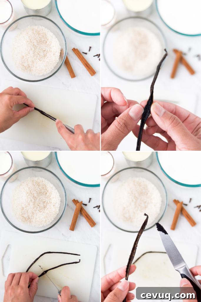 Collage showing how to remove vanilla beans from a vanilla bean pod