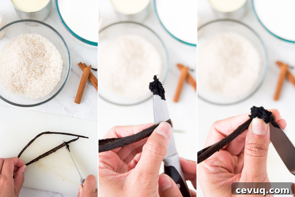 Collage showing how to get the most out of a whole vanilla bean and how to remove seeds with a knife