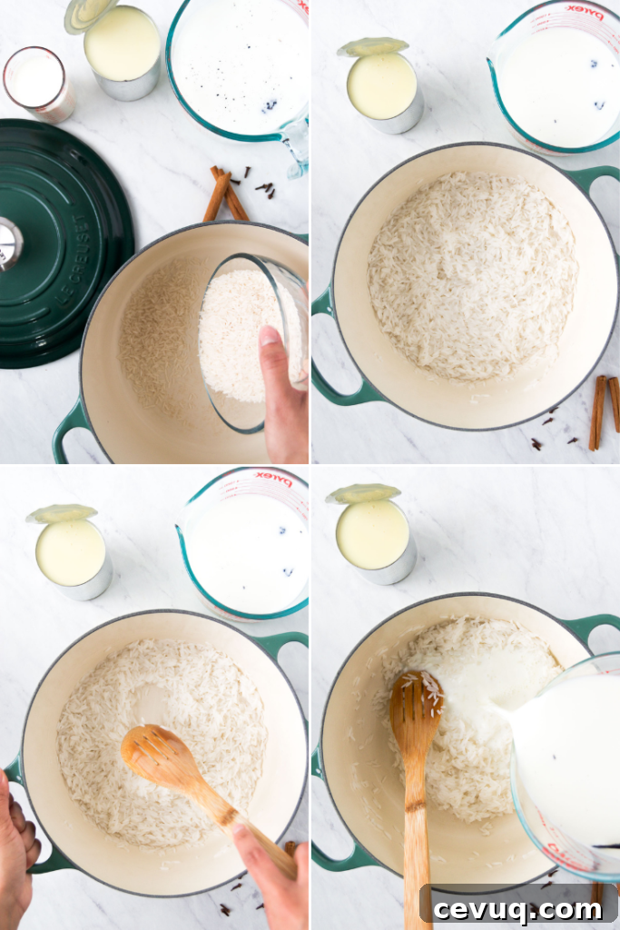 A collage showing how to cook the rice for Arroz Doce Cremoso