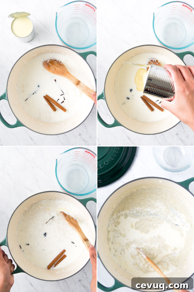 A collage showing how to add creaminess to  Rice Pudding with Condensed Milk