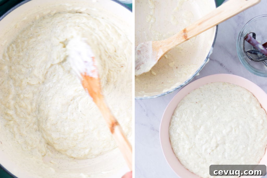 Collage showing the creaminess of Rice Pudding with Condensed Milk in the pot and in a bowl before cooling