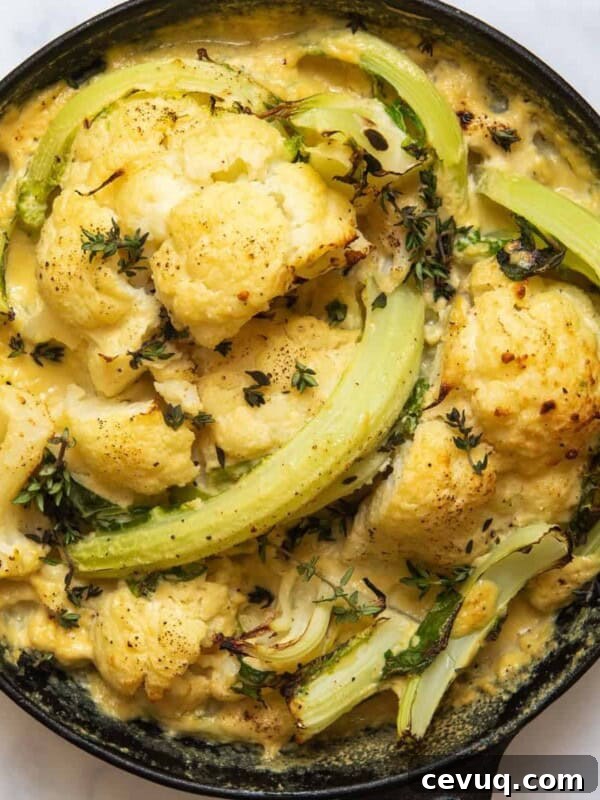 Crispy Roasted Parsnips with Honey and Thyme 11 Cooked Cauliflower Cheese in black skillet pan. Pan is displayed on white marble background