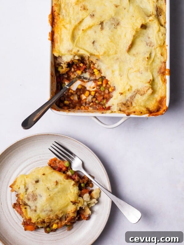 Crispy Roasted Parsnips with Honey and Thyme 8 Lentil Cottage Pie served on a plate.