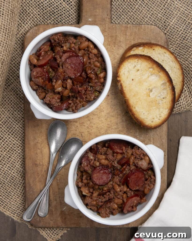 loaded baked beans in a bowl 