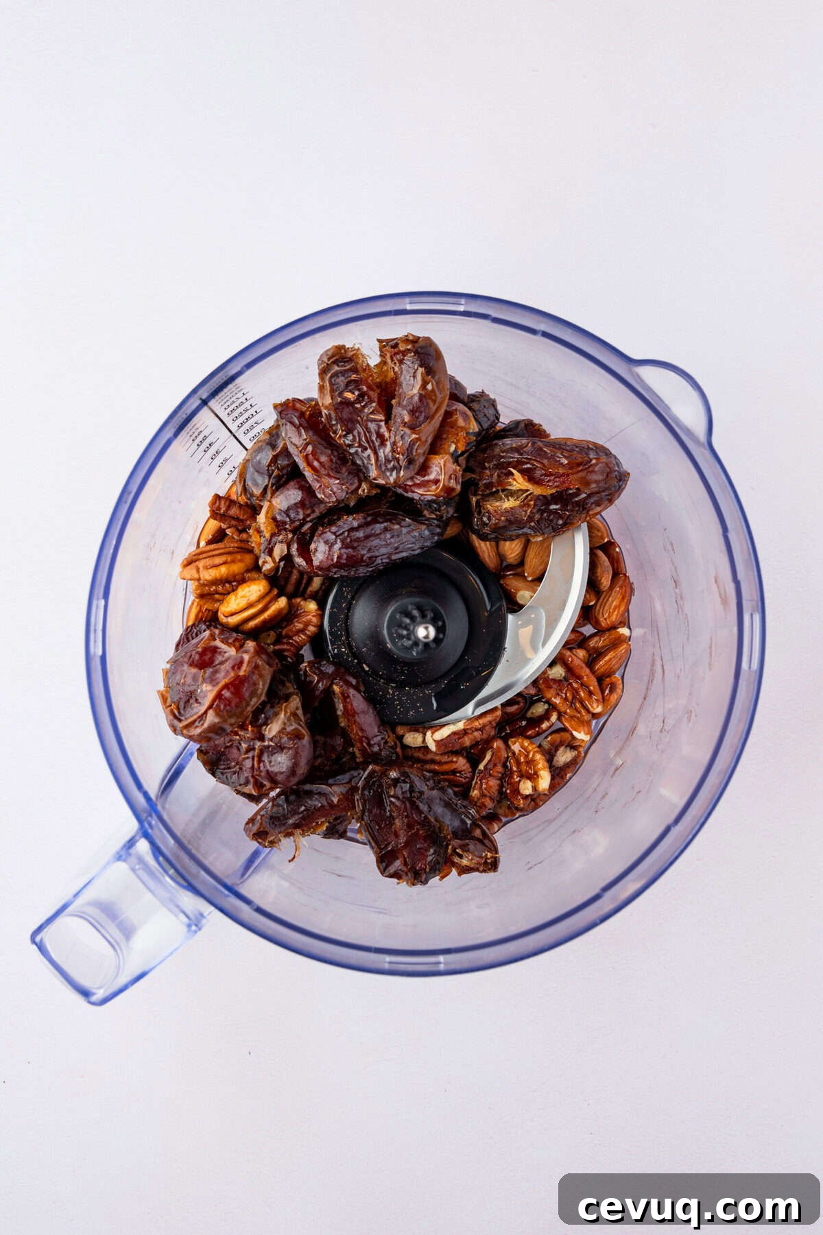 A food processor filled with pecans and dates.