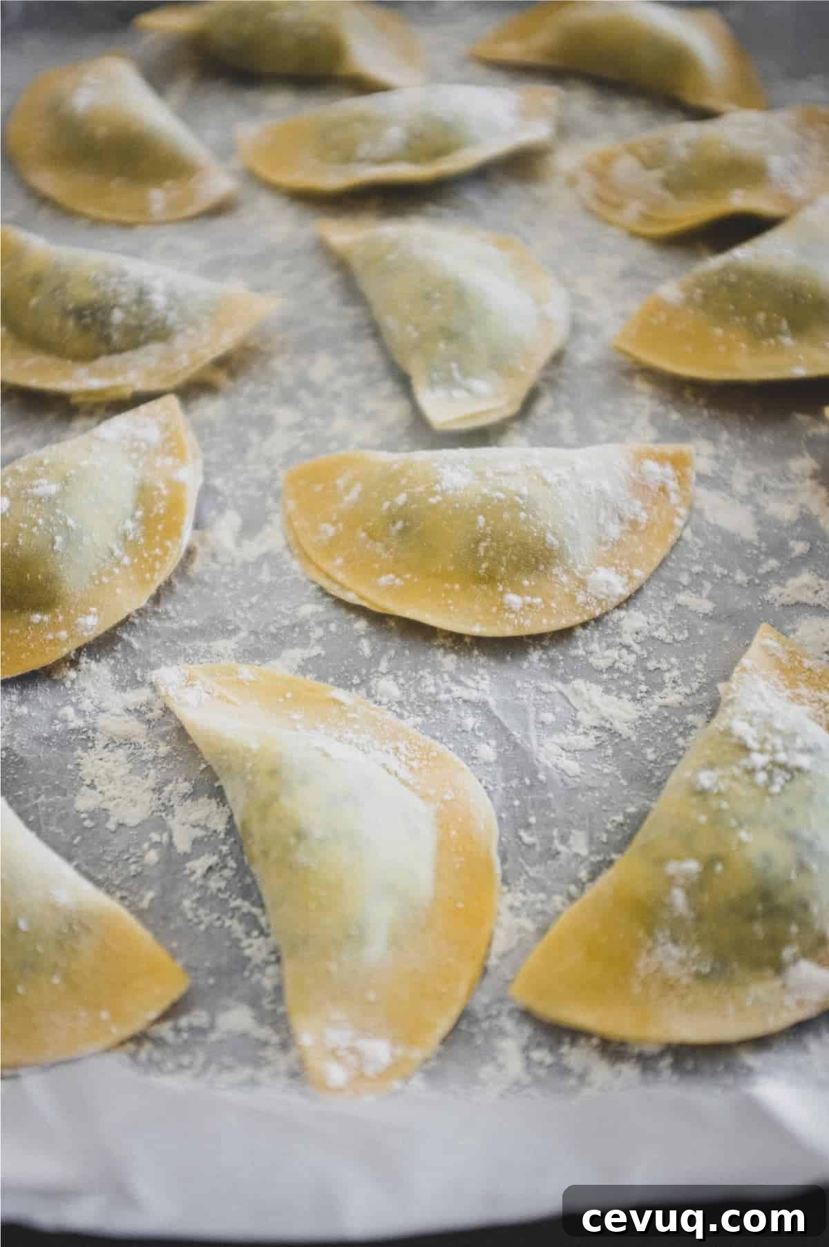 Freshly made mezzelune pasta half-moons on a baking tray lined with paper. The pasta is sprinkled with flour to stop them sticking.
