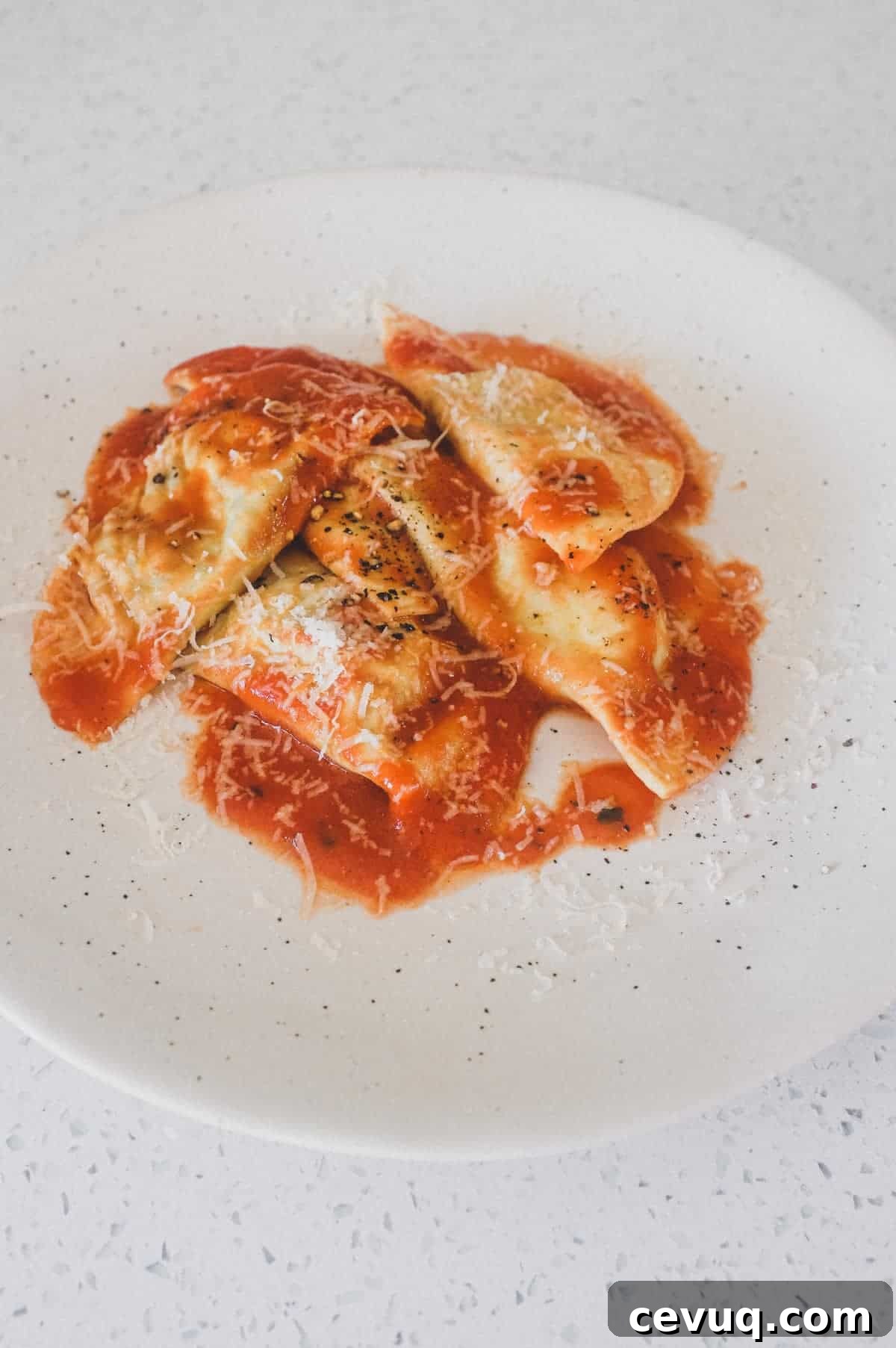 A plate of mezzelune pasta half moons with tomato sauce and sprinkling of fresh parmesan cheese