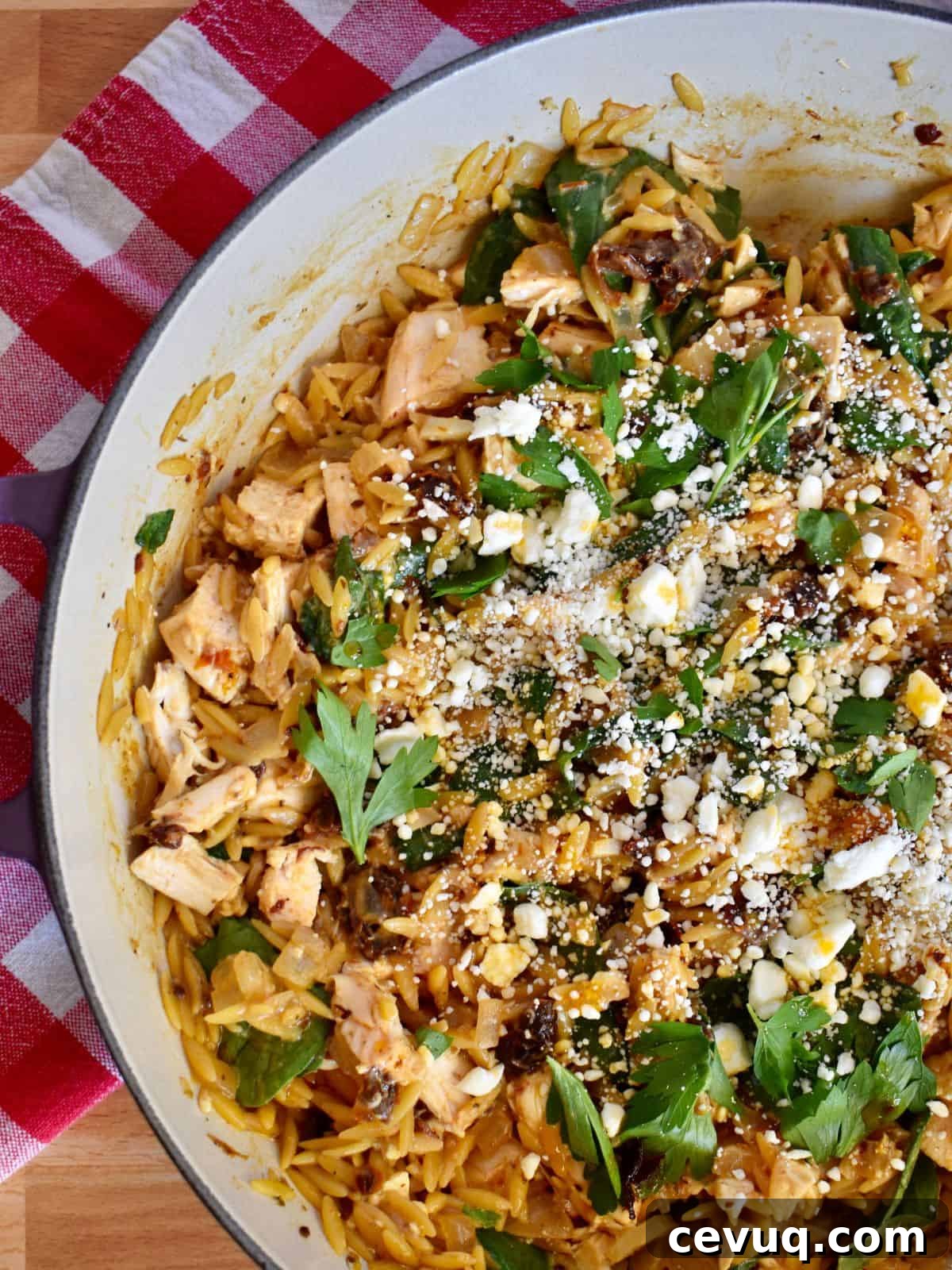 Orzo with sun dried tomatoes and spinach in a pot. 