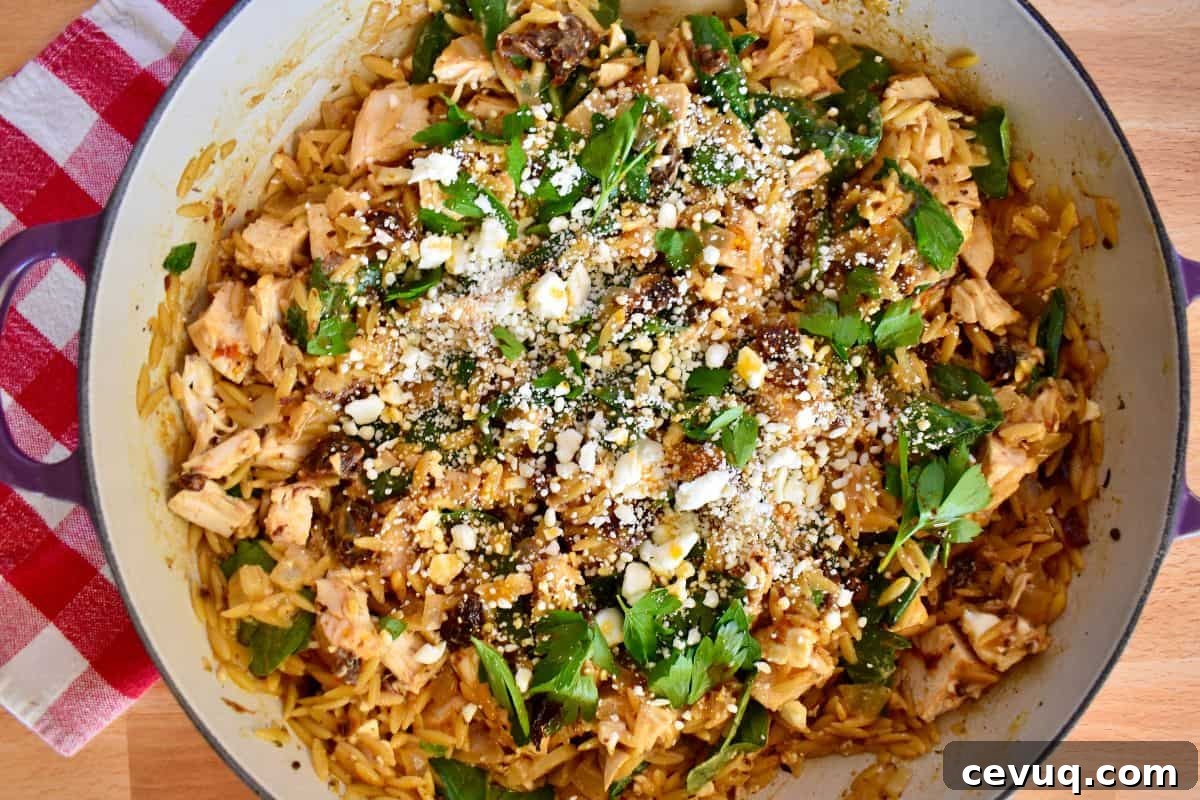 Orzo with Sun Dried tomatoes, spinach, and cooked chicken in a pot with feta and parsley sprinkled on top. 