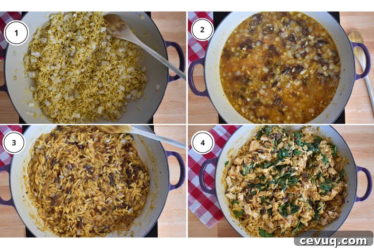 Process shots showing how to make recipe including cooking the onions in oil and adding in the broth and pasta. 
