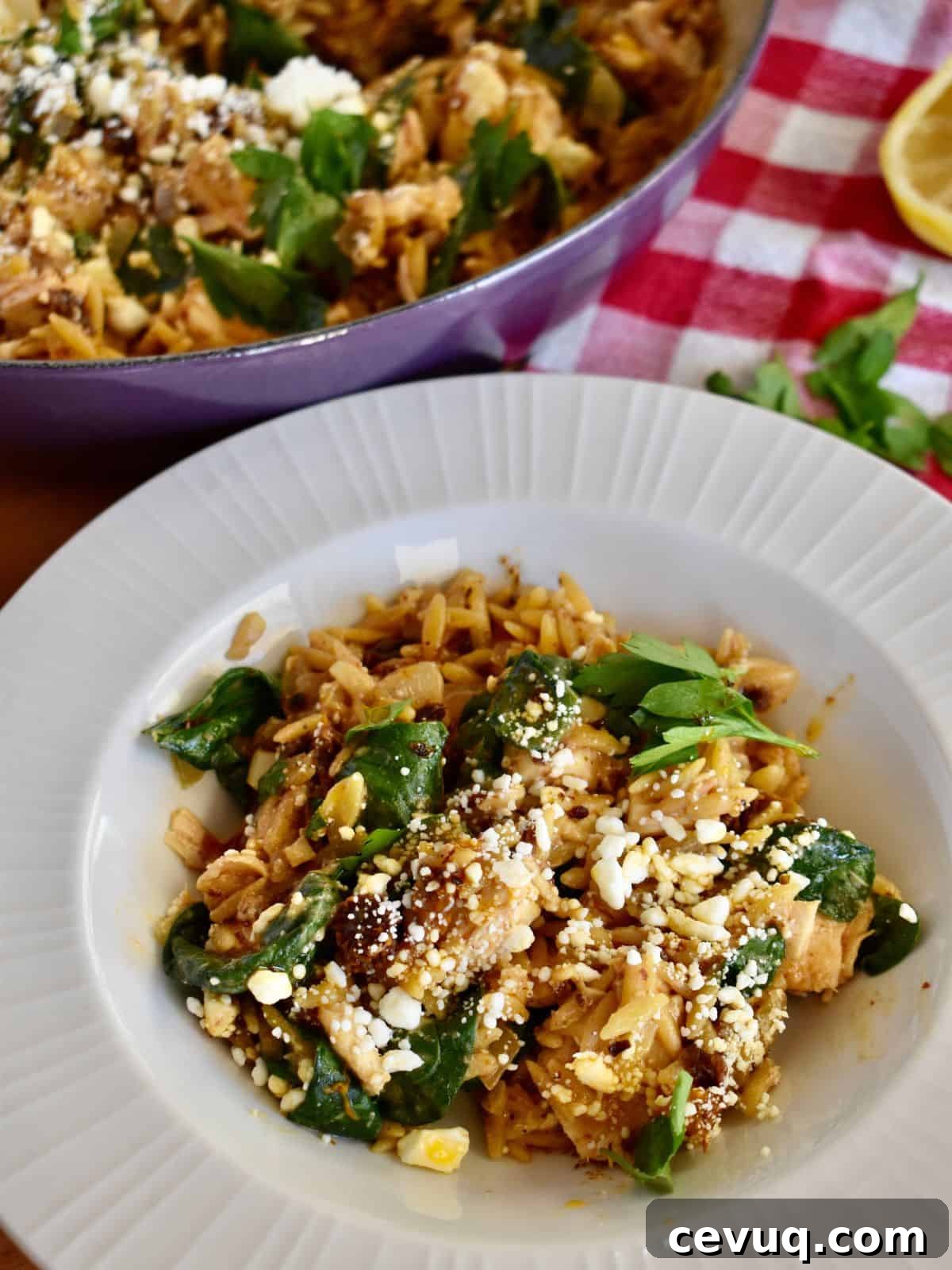 Orzo with sun dried tomatoes in a white bowl. 
