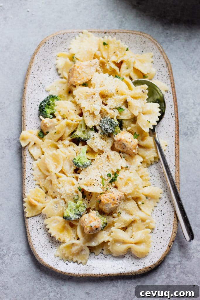 creamy Alfredo sauce pasta with chicken and broccoli, on a plate with a spoon. 