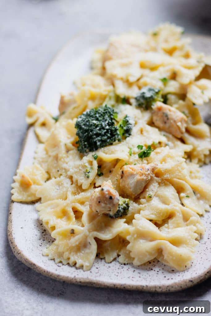 creamy Alfredo Sauce pasta with chicken and broccoli on a plate. 