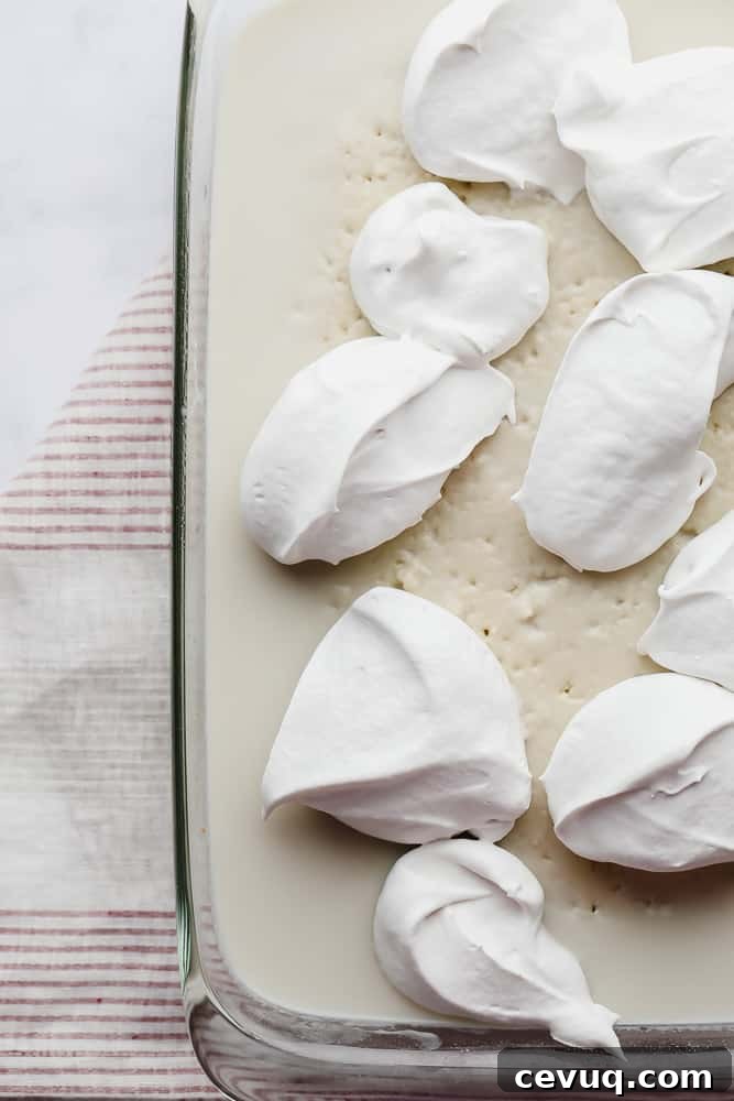 dollops of whipped cream on a milk soaked cake