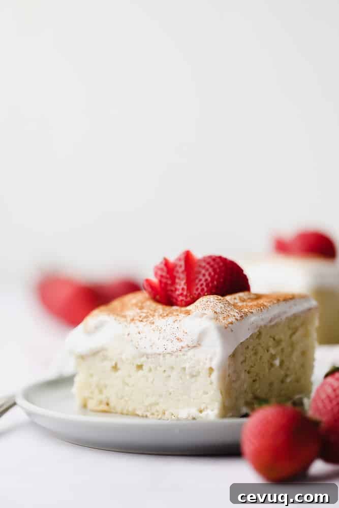 a piece of milk soaked cake with whipped cream and strawberries on a plate