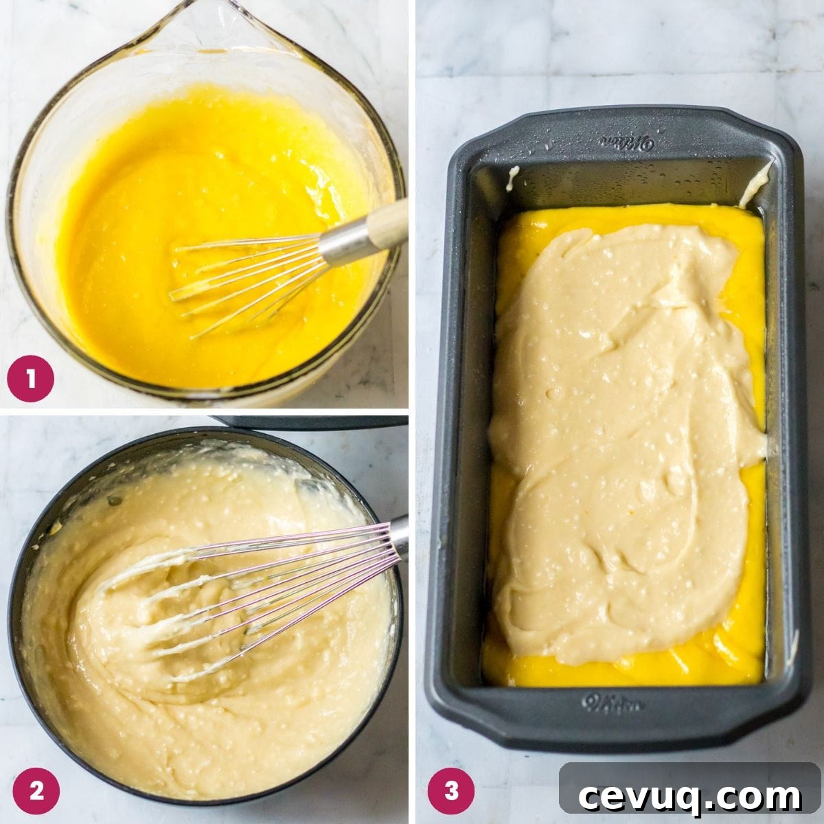Collage of 3 images showing how to make the lemon cheesecake mixtures and adding them to a loaf pan