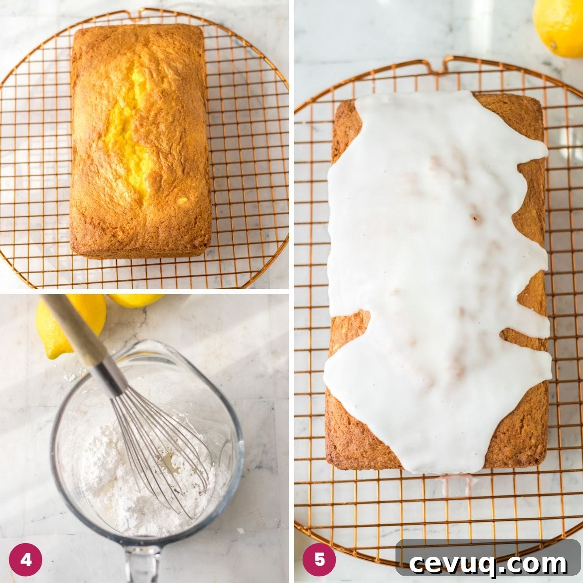 Collage of 3 images showing how to bake the lemon cheesecake loaf, make the icing and adding it to the cake