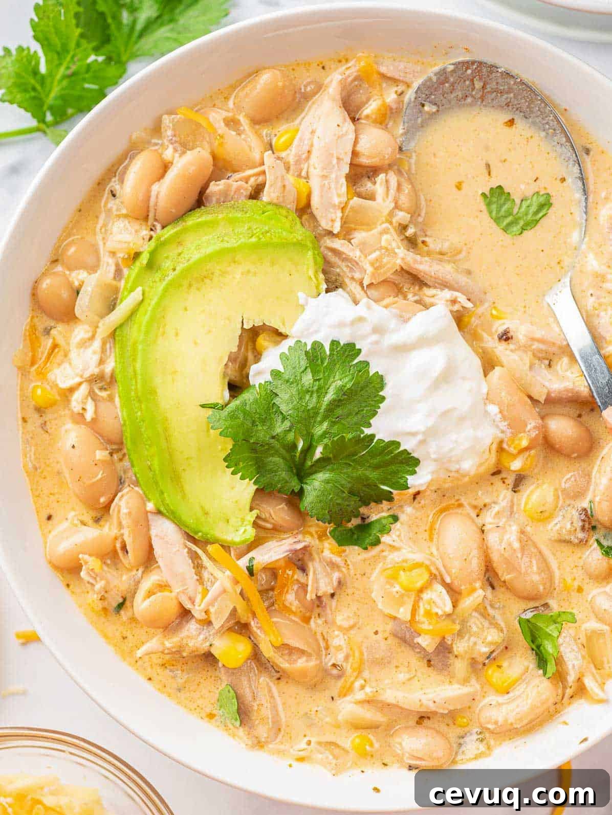 white chicken chili recipe on a white plate, topped with sour cream and avocado