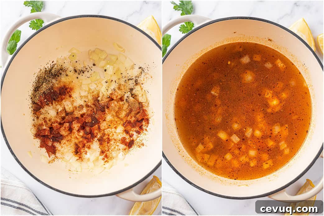 sautéed onion in a pot and after adding broth to the onion