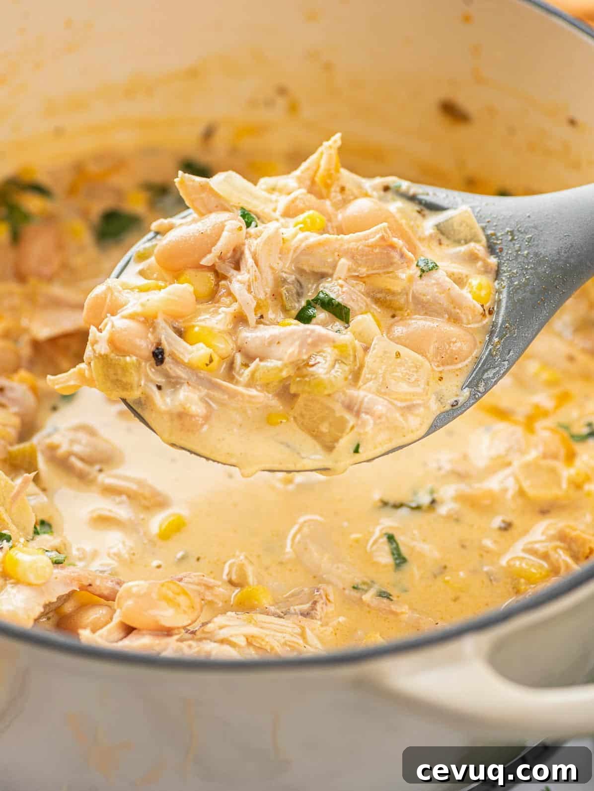 a spoon of white chicken chili scooped out of the pot