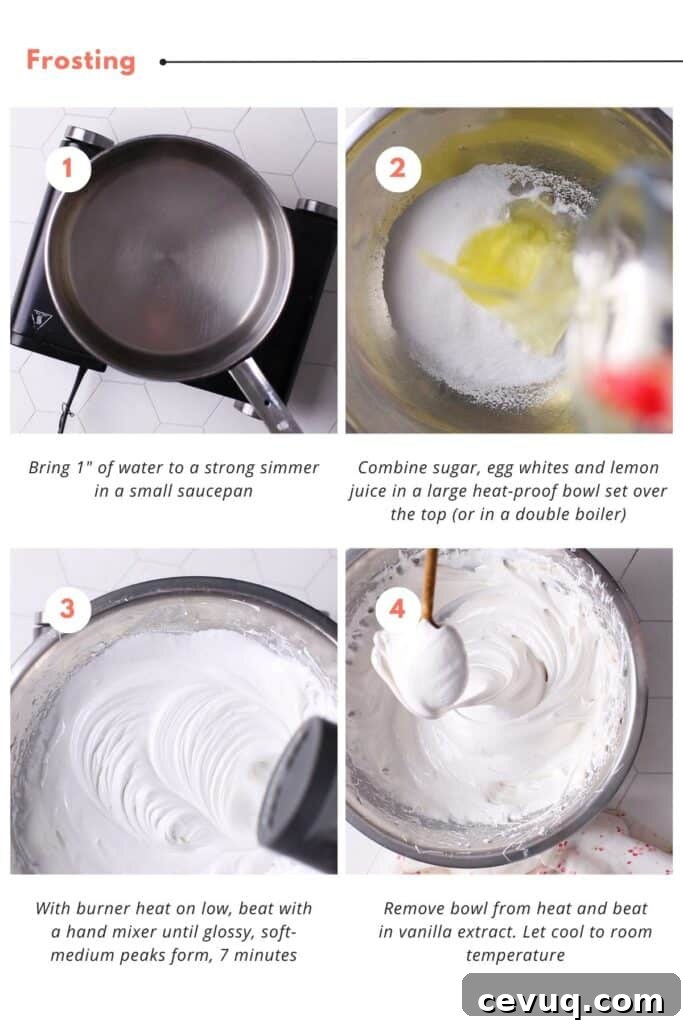 Step-by-step instructions to make a 7-minute whipped frosting for lemon curd cake.