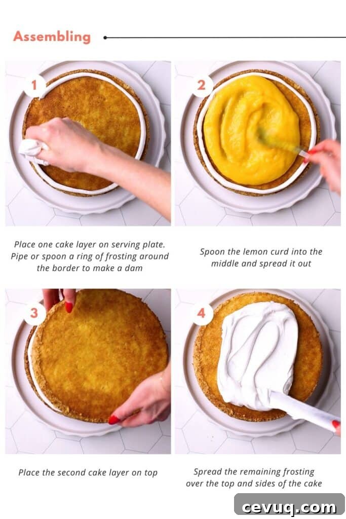 Lemon cake is layered with lemon curd filling in the middle and frosting around the border. Finally, the 2-layer cake is fully covered with white frosting over the top and sides of the cake.