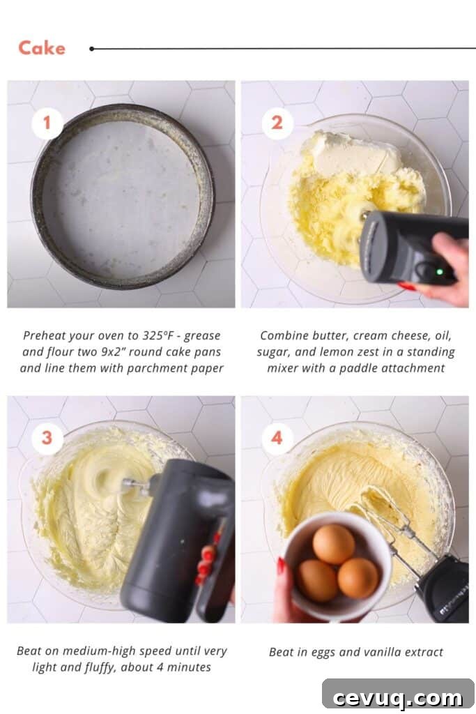 Step-by-step instructions for preparing a lemon curd cake, including pre-heating the oven and combining wet ingredients.