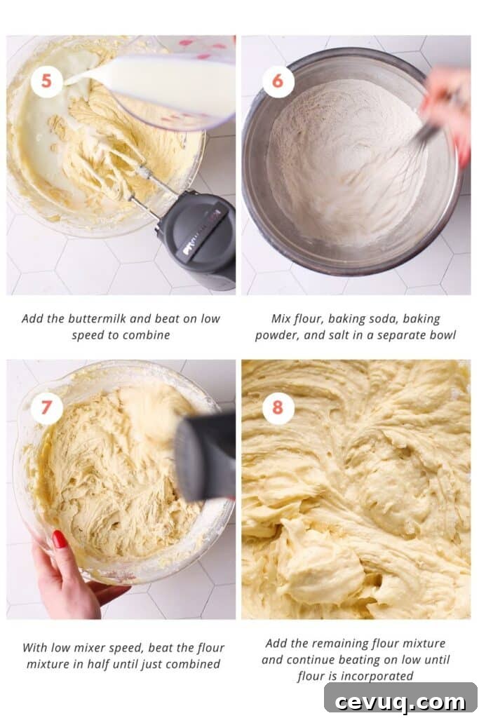 Step-by-step instructions for preparing a lemon curd cake, including whisking dry ingredients and combining them with wet ingredients until fully incorporated.