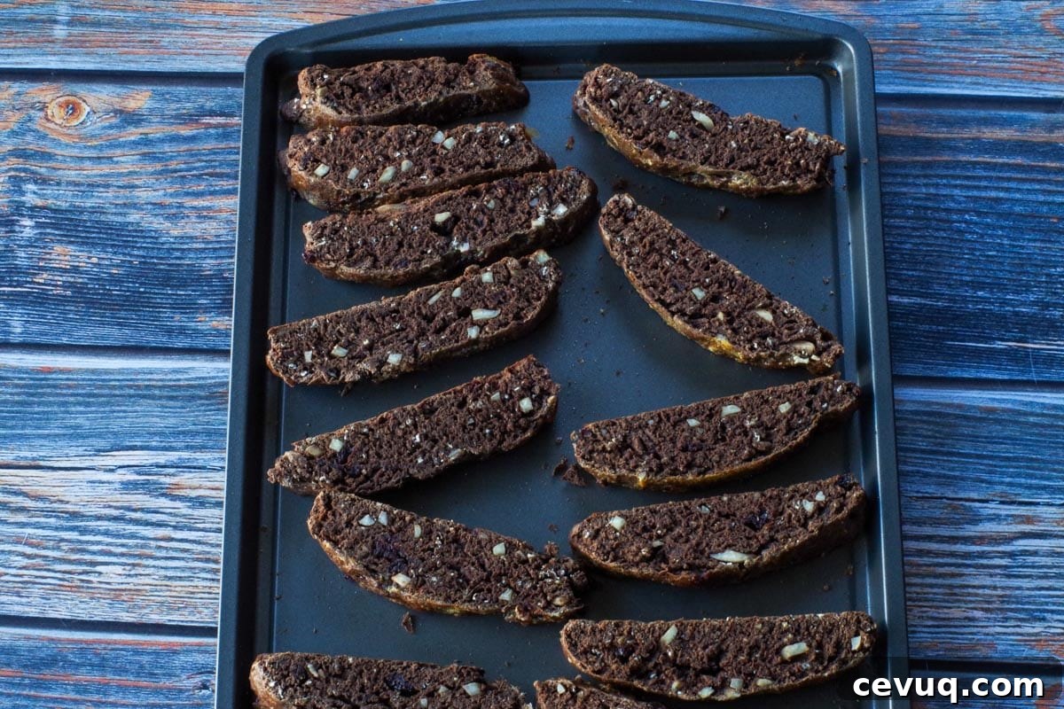 Chocolate Zucchini Biscotti Recipe: Crunchy, Moist, and Perfect for Coffee 13 cut biscotti on cookie sheet