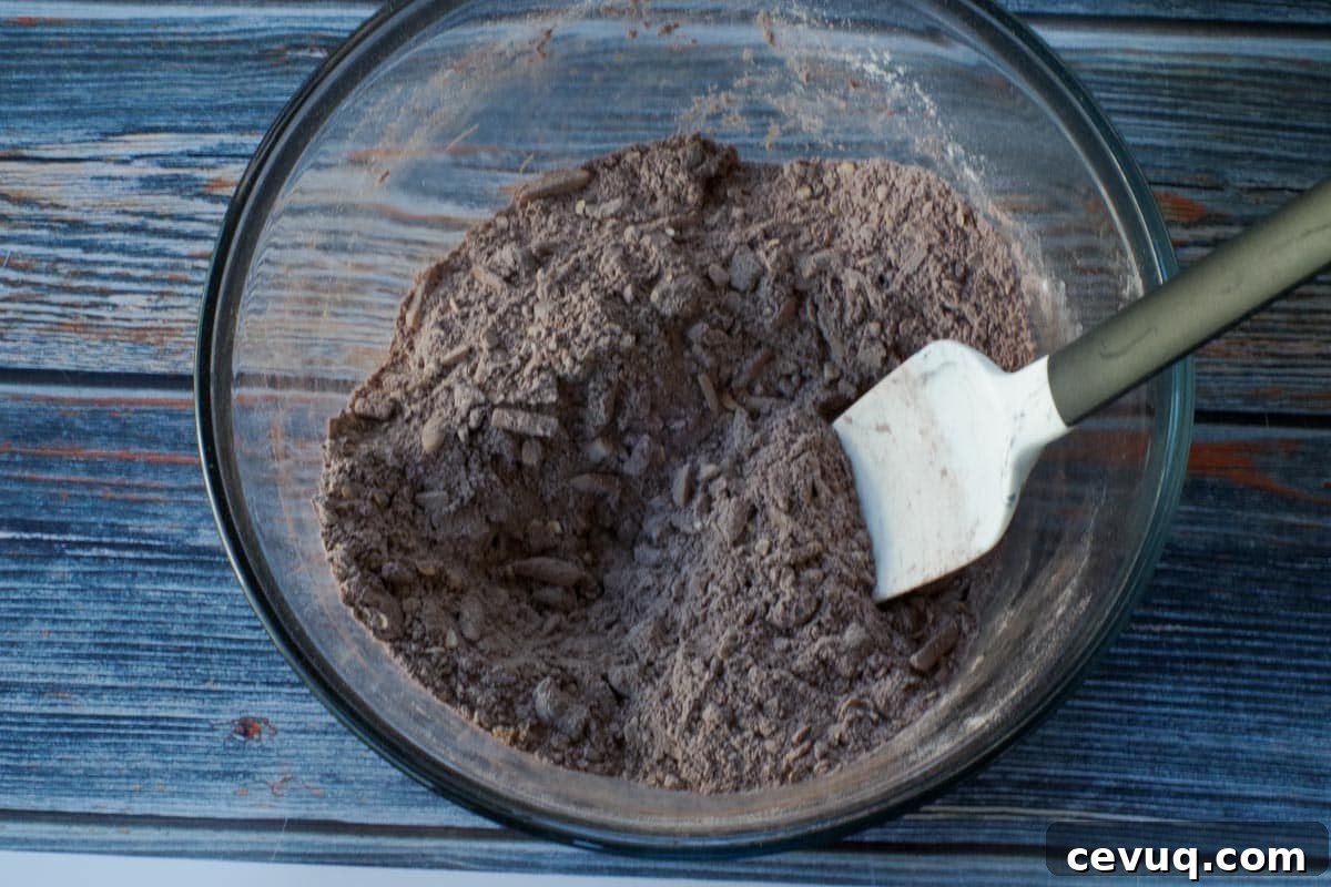 Chocolate Zucchini Biscotti Recipe: Crunchy, Moist, and Perfect for Coffee 6 dry ingredients mixed together in glass bowl with spatula