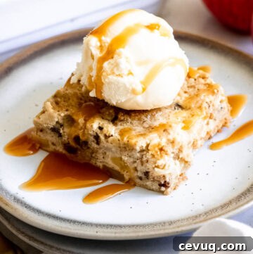 a slice of apple bread pudding topped with a scoop of vanilla icing