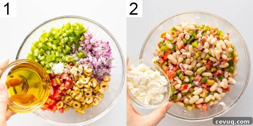 Two images labelled 1 and 2, left one chopped vegetables with oil, right with white cheese added.
