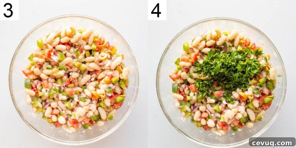 Two images labelled three and four showing a bowl of salad and the same bowl topped with fresh herbs.